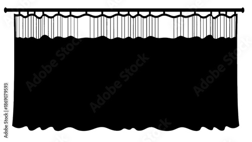 A black curtain with a decorative rod and tassels hanging down