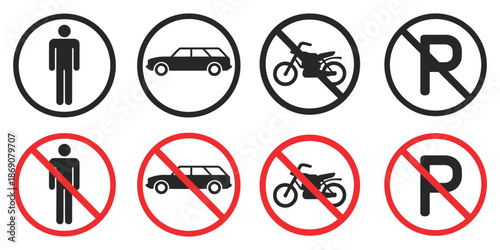 No parking road warning signs showing no cars entry, red circle symbols, traffic restriction markers and vector illustration design.