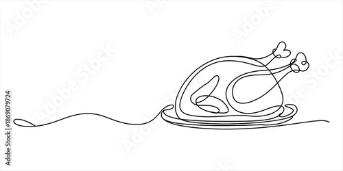 A continuous line art drawing of a roasted turkey on a serving platter for celebration Vector, illustration