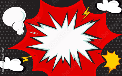 Retro pop art comic empty speech bubbles with space for text, dots, stars and clouds, bright colorful cartoon vector illustration on halftone background with COOL WOW YEAH OOPS NO BANG effects