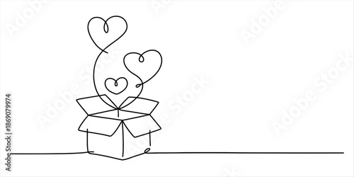 Minimalist one-line art illustration showing hearts floating out of an open delivery box Vector, illustration