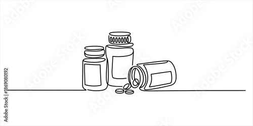 One line drawing of three pill bottles with medication spilling out onto a surface Vector, illustration