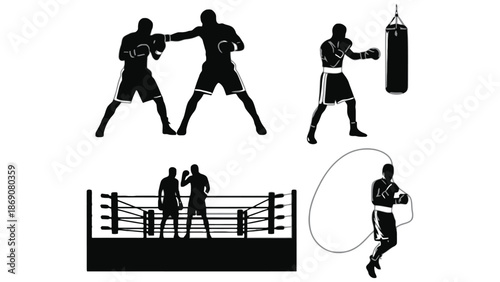 A collection of black silhouettes depicting various boxing movements and scenes