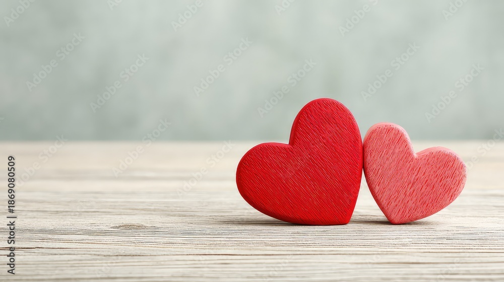 Fototapeta premium Two Red Hearts on Rustic Wood: A sweet and simple Valentine's Day concept featuring two plush red hearts nestled together on a rustic wooden surface, radiating love and affection.