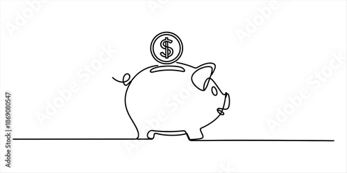 Continuous line art illustration of a piggy bank with a dollar coin symbolizing savings Vector, illustration