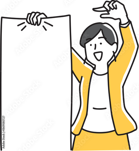 大きな紙を広げて指差す女性