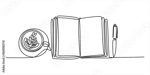 Minimalist continuous line drawing depicting an open notebook, pen, and coffee cup with latte art Vector, illustration