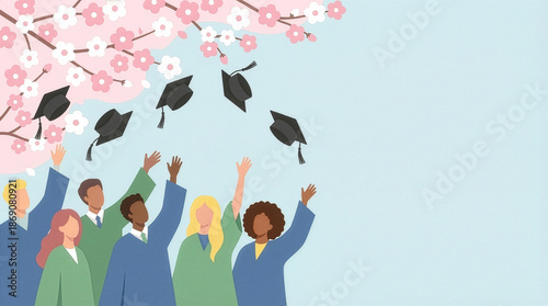 Graduation students celebrating with caps under cherry blossom sky