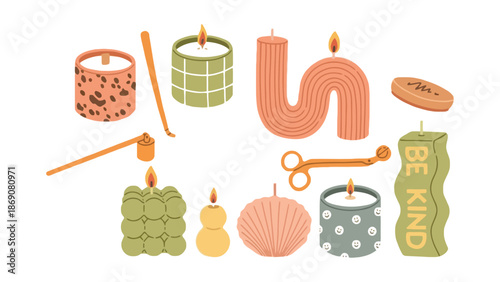 A colorful illustration of various shaped and designed candles and wick tools