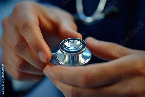 Healthcare, coat and doctor with stethoscope in hospital for wellness appointment, trust or surgery. Closeup, medical worker or cardiology with tools for checkup, consulting, Generative AI