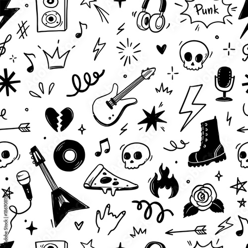 Rock music seamless pattern with guitar, skull, punk symbols. Hand drawn doodle grunge stickers featuring stars, roses and lightning bolts for rock music festival background. Vector illustration
