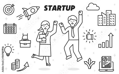 スタートアップに関するアイコンとジャンプする会社員の男女のセット（線幅変更可能）