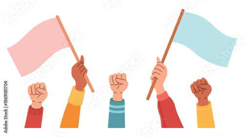 A diverse group of people holding flags in protest or celebration