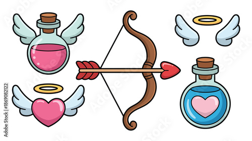 Romantic Valentine Cupid artwork showing bow and arrow, hearts, love potions, wings, and Valentine’s Day symbols for digital illustration.