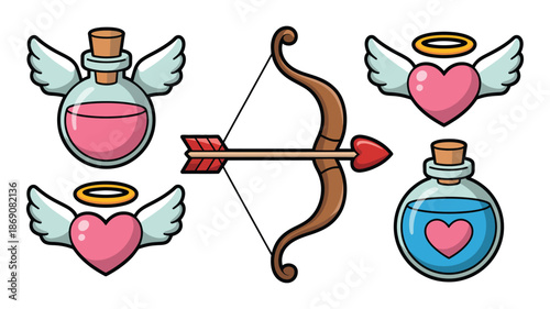 Romantic Valentine Cupid artwork showing bow and arrow, hearts, love potions, wings, and Valentine’s Day symbols for digital illustration.