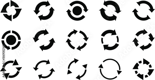 Set of various black circular arrows, refresh, reload, sync, and recycle icons and symbols