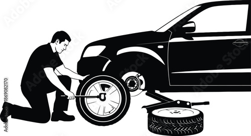 Man changing a car wheel with a jack and wrench, illustration of tire replacement and roadside assistance