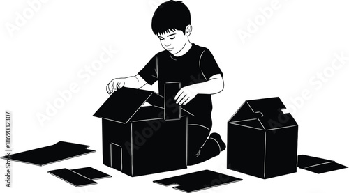 Young boy assembling a cardboard house structure on the floor, black and white illustration