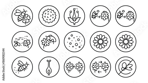 A collection of black and white line drawings of flowers and bees