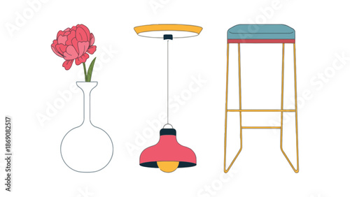 A colorful still life with a vase, lamp, and stool on a white background