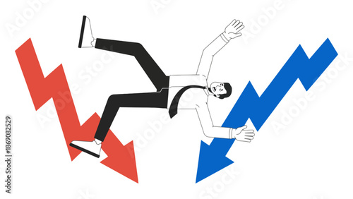 A businessman struggles to balance falling and rising market trends.