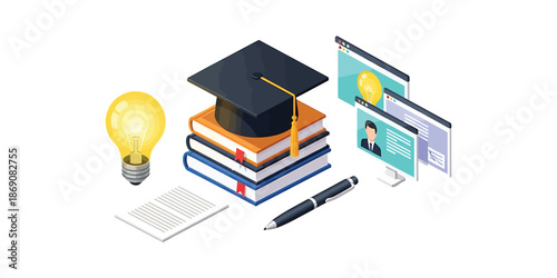 Online Education Concept Graduation Cap, Books, Laptop  Lightbulb - Learning  Idea