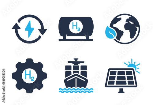 Renewable Energy and Hydrogen Logistics icon set. Solid glyph series icons