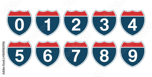 Numbered highway signs vector illustration displaying numbers from 0 to 9, traffic route markers, and road navigation symbols.