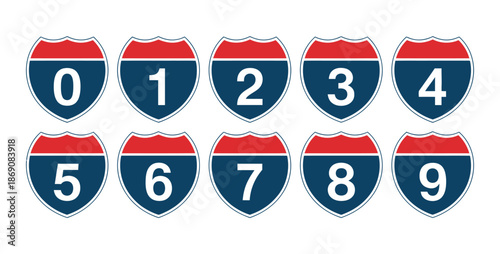 Numbered highway signs vector illustration displaying numbers from 0 to 9, traffic route markers, and road navigation symbols.