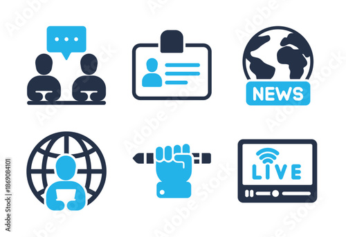Journalism and Live News Broadcasting icon set. Solid glyph series icons
