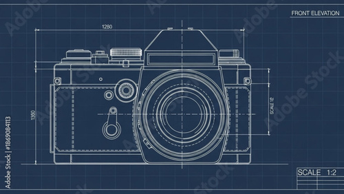 Detailed technical drawing of a camera front elevation with measurements on a dark blue background for graphic design and technology concepts with photography and 1 2