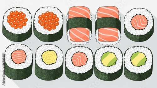 A vibrant illustration of ten sushi rolls with various fillings including salmon avocado and caviar arranged in two rows on a plain background with japanese
