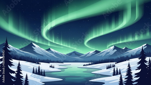 A serene winter landscape with snow covered mountains trees and a river under a vibrant green aurora borealis display in the night sky with northern lights with view