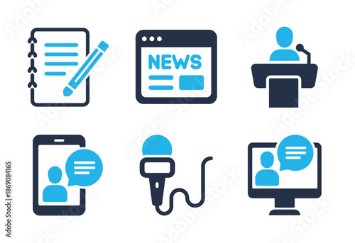 News Interview and Content Publication icon set. Solid glyph series icons