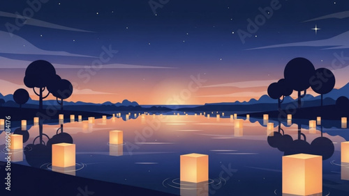 A serene lake scene at dusk with glowing lanterns floating on the water surrounded by silhouetted trees and mountains under a starry night sky with a warm with stars