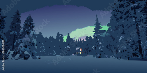 Snowy forest landscape with a cozy cabin illuminated under a vibrant aurora