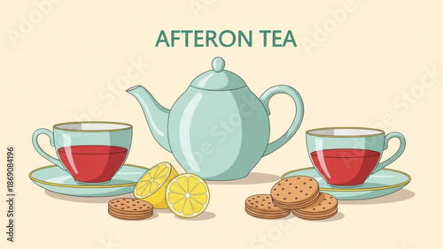 An inviting still life of afternoon tea with teacups teapot biscuits and lemons on a pale background with cozy and relaxation and leisure and hospitality with snack