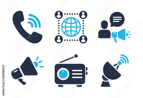 Communication Network and Radio Broadcasting icon set. Solid glyph series icons
