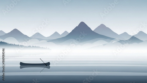 A serene landscape of a canoe floating on a misty lake with majestic mountains in the background at dawn or dusk with peaceful scene and nature and outdoor with water