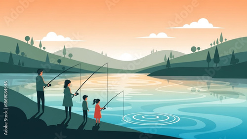 A family of four enjoying a serene fishing trip together by a lake at sunset with rolling hills and trees in the background with family fishing and serene with nature