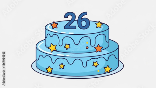 A two tiered light blue birthday cake with yellow and orange stars and the number 26 on top for a 26th birthday celebration with blue cake and two tiered with party