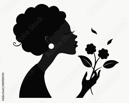 Female Silhouette Smelling Flowers, Spring Season Nature Concept Illustration Isolated on White Background