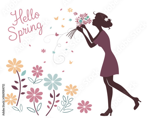 Female Silhouette Smelling Flowers, Spring Season Nature Concept Illustration Isolated on White Background