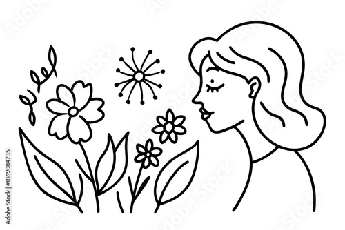 line art Woman smelling flowers silhouette vector illustration isolated on white background
