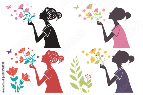 set of Woman smelling flowers silhouette vector illustration isolated on white background