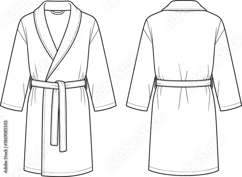Bathrobe front and back view illustration, belt tied robe design, hotel spa clothing, minimal line art, fashion technical drawing