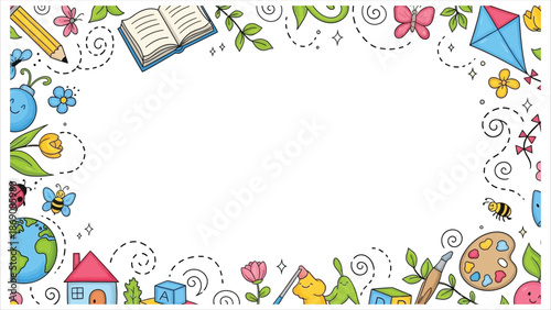 Vibrant educational border with cartoon illustrations for kids learning