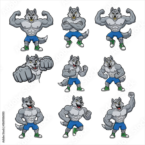 Muscular cartoon wolf character poses flexing