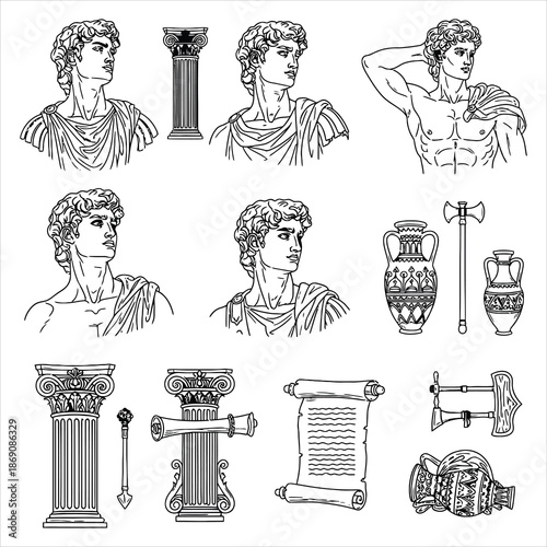 Ancient Greek statues and artifacts illustrations
