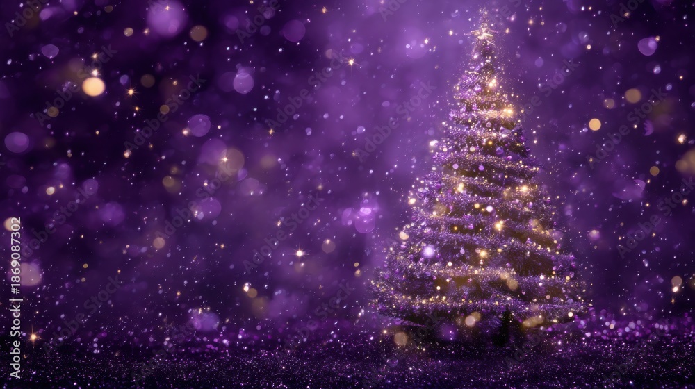 Obraz premium Bright purple christmas tree with sparkling lights and bokeh effect.